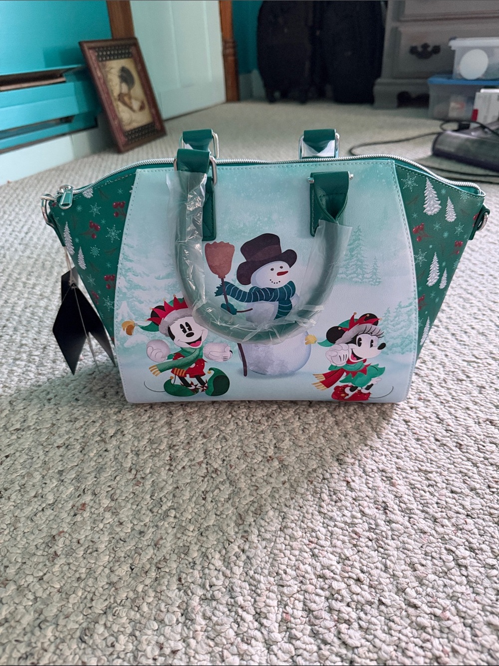 Disney Green and White Holiday Satchel with Minnie, Mickey a Snowman and Pluto